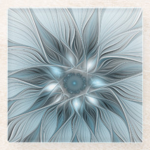Blij bloem abstract blauw grijs bloemmotief fracta glazen onderzetter