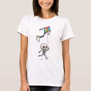 Blij Chibi-skelet loopt met kleurrijke vlieger T-shirt