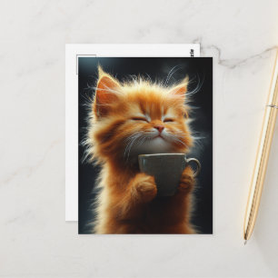Blij Geweldig Geelbruin Kattenjong Met een Koffie Briefkaart