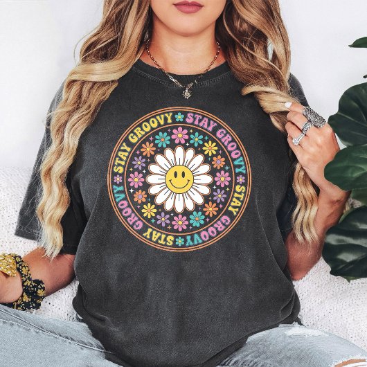 Blij Groovy Smiley Madeliefje Retro Bloem T-shirt