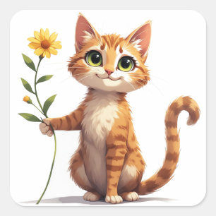 Blij Katje met Gele Bloem 🌺 Vierkante Sticker