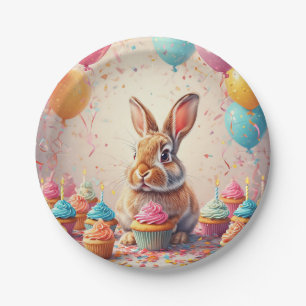 Blij Konijn dat Feest viert met Cupcakes Papieren Bordje