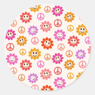 Blij lachende bloemenpatroon met vredestekens ronde sticker