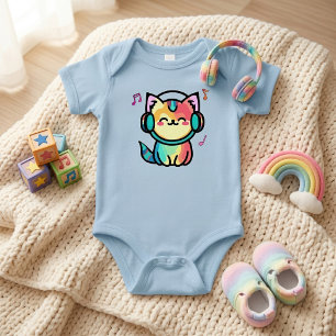 Blij Lachende Kawaii Cartoon Kat met Koptelefoon Romper