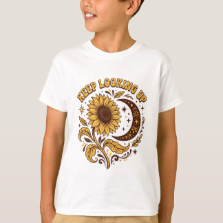 Blij omhoog kijken Retro Zonnebloem Maan T-Shirt