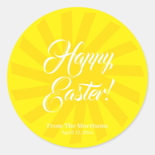 Blij paasgele zonsopriekeltekst mooi schattig ronde sticker (Voorkant)