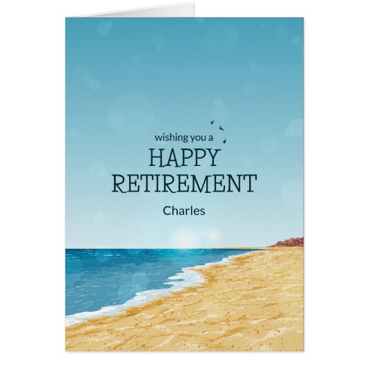 Blij pensioen kaart met strand (Voorkant)