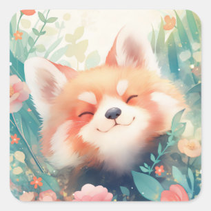 Blij Rood-Panda Gezicht in Roze Bloementuin Vierkante Sticker