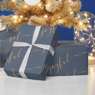 Blij Scrollende Tekst Op Donkerblauwe Kerstmis Cadeaupapier