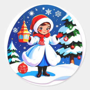 Blij winter kerstmeisje in witte jas ronde sticker