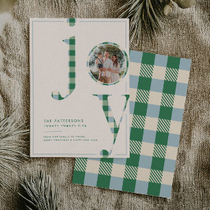 Blijde Blauwe Groene Tartan Familie Foto Kerstmis Feestdagenkaart