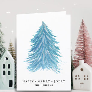 Blijde Blauwe Kerstboom Aquarel Tekening Kerst Feestdagen Kaart