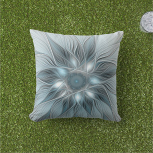 Blijde Bloem Abstract Blauw Grijs Bloemig Fractal Buitenkussen