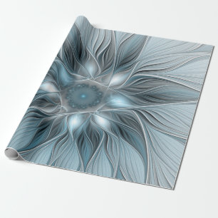 Blijde Bloem Abstract Blauw Grijs Bloemig Fractal Cadeaupapier