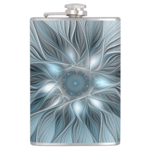 Blijde Bloem Abstract Blauw Grijs Bloemig Fractal Heupfles