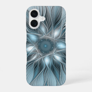 Blijde Bloem Abstract Blauw Grijs Bloemig Fractal iPhone 16 Hoesje