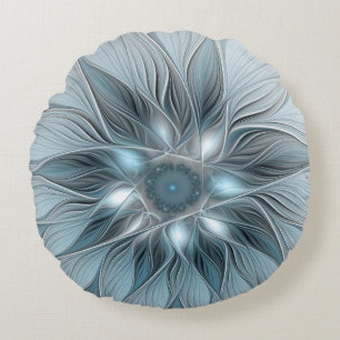 Blijde Bloem Abstract Blauw Grijs Bloemig Fractal Rond Kussen
