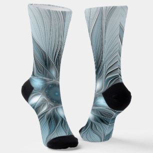 Blijde Bloem Abstract Blauw Grijs Bloemig Fractal Sokken