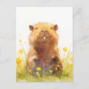 Blijde Capibara in Gele Weide met Wilde Bloemen Briefkaart