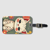 Blijde Gevlekte Kat met Bloemen Bagagelabel (Voorkant (horizontaal))