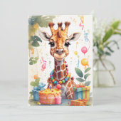 Blijde Giraffe met Cadeaus & Taart |  Kaart (Staand voorkant)