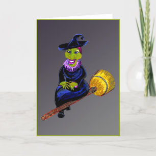 Blijde Heks die op een Bezemsteel vliegt Halloween Feestdagen Kaart