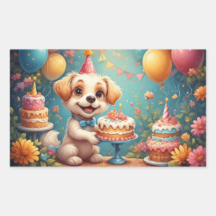 Blijde Hond die een Feestelijke Verjaardag Viert Rechthoekige Sticker