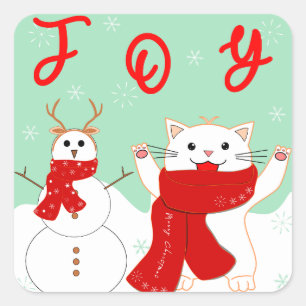 Blijde Kat Met Sneeuwman Leuke Kerststicker Vierkante Sticker
