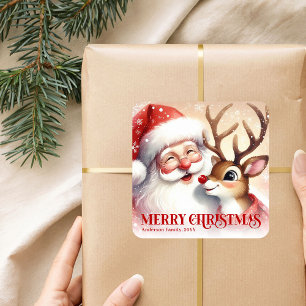 Blijde Kerstman en Rudolph Aangepast Kerstlabel Vierkante Sticker