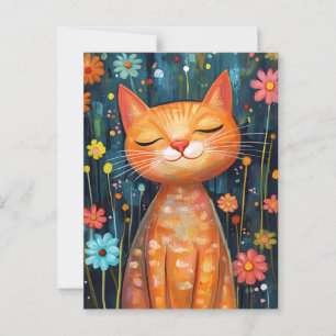 Blijde Oranje Kat Whimsical Bloemen Briefkaart