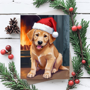 Blijde Puppy Hond Kerstman Hoed Kerst Waterverf Feestdagenkaart