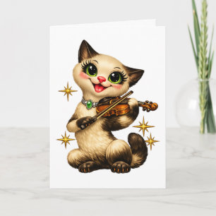 Blijde Siamese Kat die Viool Speelt Retro Middelee Kaart