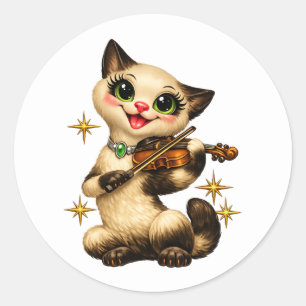 Blijde Siamese Kat die Viool Speelt Retro Middelee Ronde Sticker