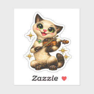 Blijde Siamese Kat die Viool Speelt Retro Middelee Sticker