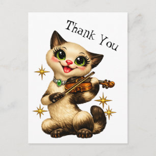 Blijde Siamese Kat Vioolspelend Retro Dank Je Briefkaart
