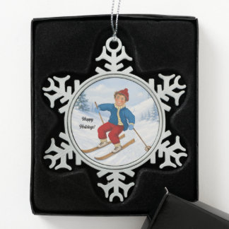 Blijde Skiër Tin Sneeuwvlok Ornament