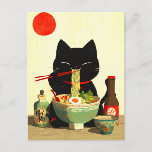 Blijde Zwarte Kat Eet Ramen Japanse Ukiyo-e Feestdagenkaart