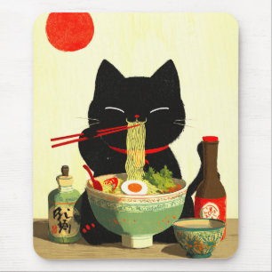 Blijde Zwarte Kat Eet Ramen Japanse Ukiyo-e Muismat
