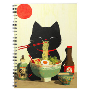 Blijde Zwarte Kat Eet Ramen Japanse Ukiyo-e Notitieboek