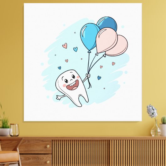 Blije Cartoon Tand met Ballonnen – Tandheelkundige Canvas Afdruk (Insitu (Woonkamer))
