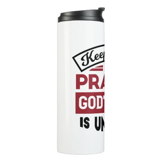 Blijf kalm en bid dat Gods plan onbeperkt is Thermosbeker (Gedraaid links)