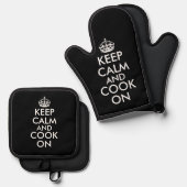 Blijf kalm en kook op grappig zwart ovenwant & pannenlap set (Voorkant / Achterkant)