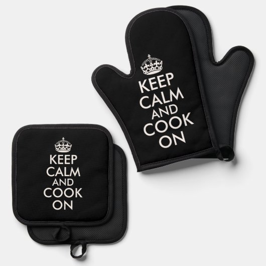 Blijf kalm en kook op grappig zwart ovenwant & pannenlap set (Voorkant / Achterkant)