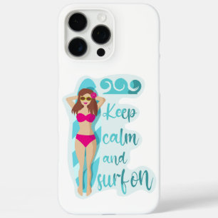 Blijf kalm en surf op brunette meisje kaart iPhone 16 pro max hoesje