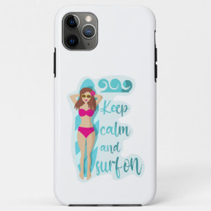 Blijf kalm en surf op brunette meisje kaart iPhone 11 pro max hoesje