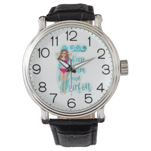 Blijf kalm en surf op kaart van brunette meisje horloge