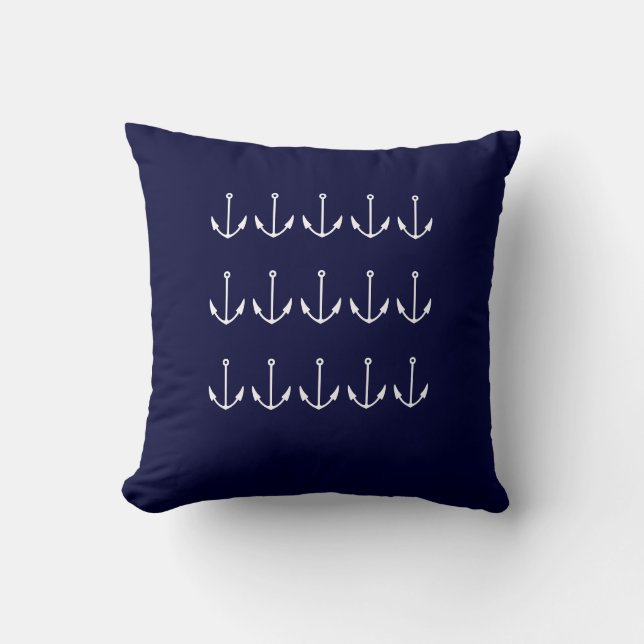 Blijf kalm en vaar op WIT op NAVY BLUE PILLOW Kussen (Voorkant)