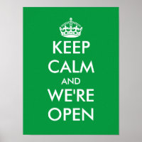 Blijf kalm en we zijn open raamdeur bord poster