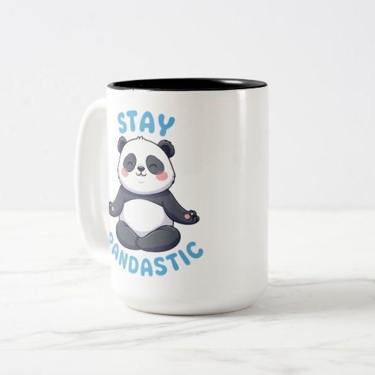 Blijf Pandastisch T-shirt, grappige Panda Meditati Tweekleurige Koffiemok (Voorkant links)