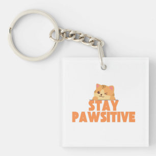 Blijf Pawsitief Cute Knipogende Kat Pun Design Sleutelhanger